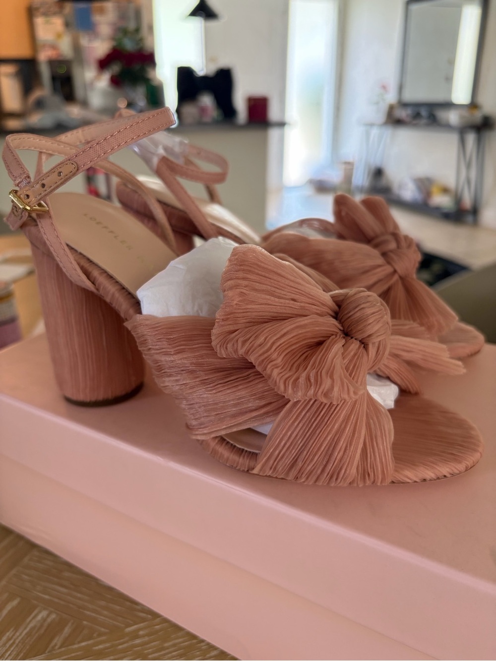 Loeffler Randall Pleated Bow Block Heel Sandals in Blush